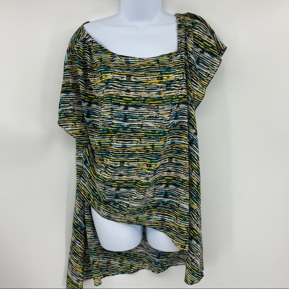H Halston Multicolor Watercolor Asymmetrical High Low Tunic Blouse Size Medium